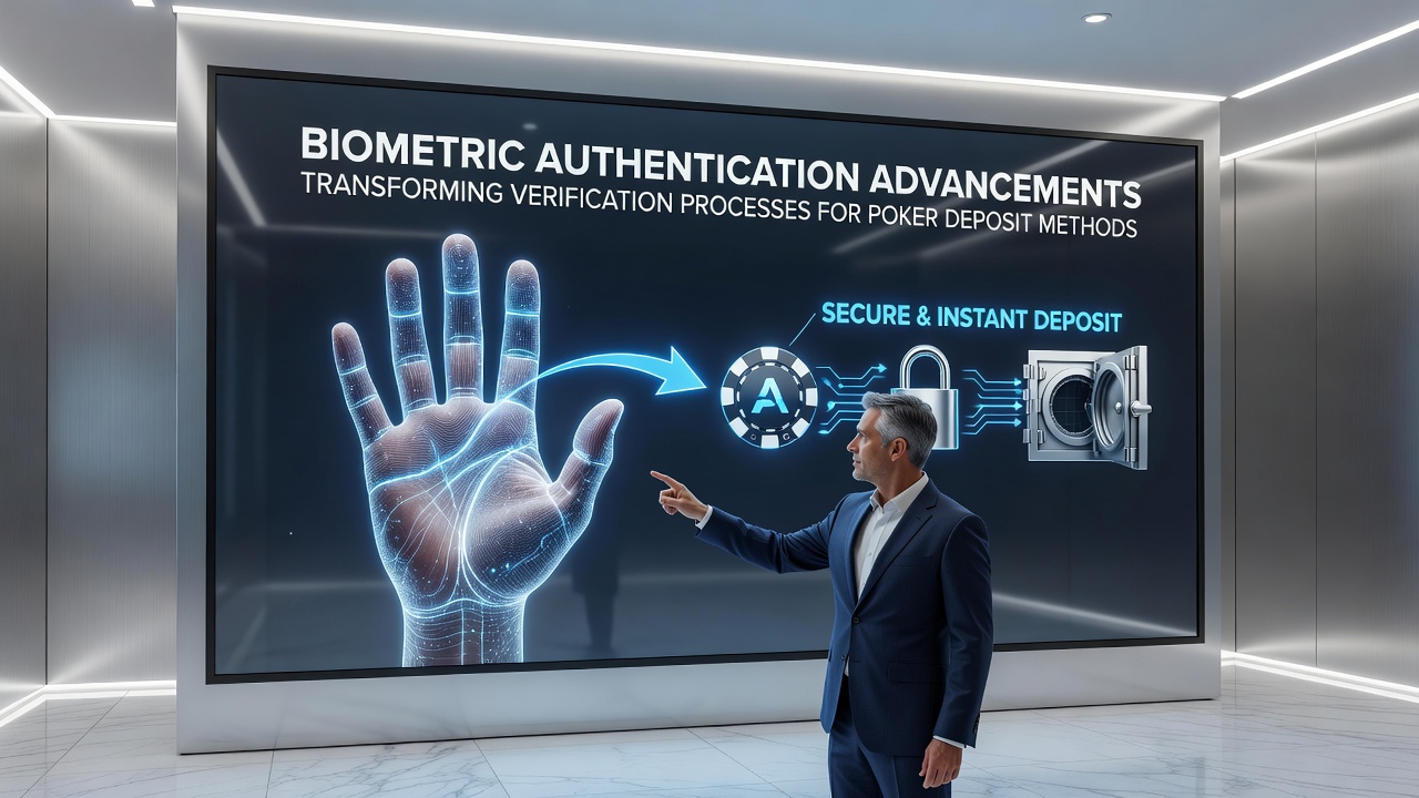 Close-up of a mobile device displaying biometric verification steps for a poker deposit transaction