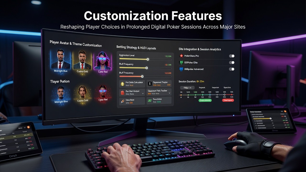 Players customizing digital poker interfaces on major online platforms during extended sessions