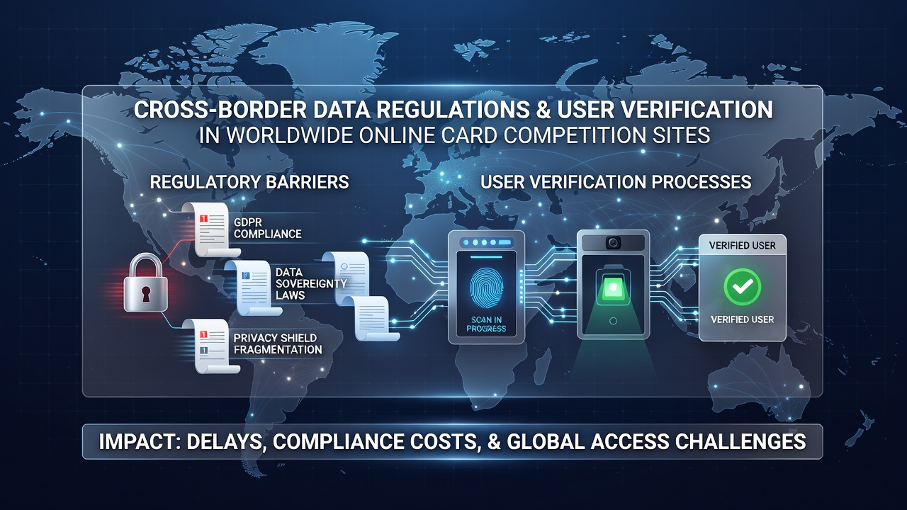 Global map highlighting data regulation zones and online card platforms with verification checkpoints