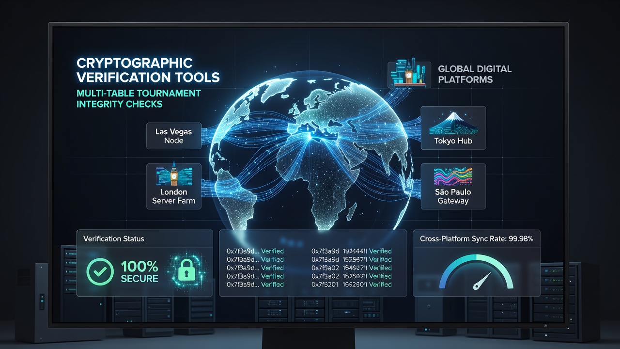 Cryptographic verification dashboard displaying real-time multi-table tournament data integrity across digital platforms
