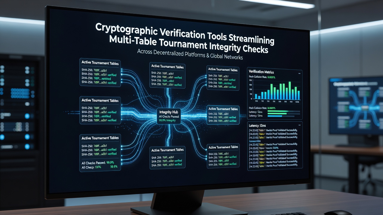 Network diagram illustrating cryptographic verification flow between multiple tournament tables and regulatory nodes