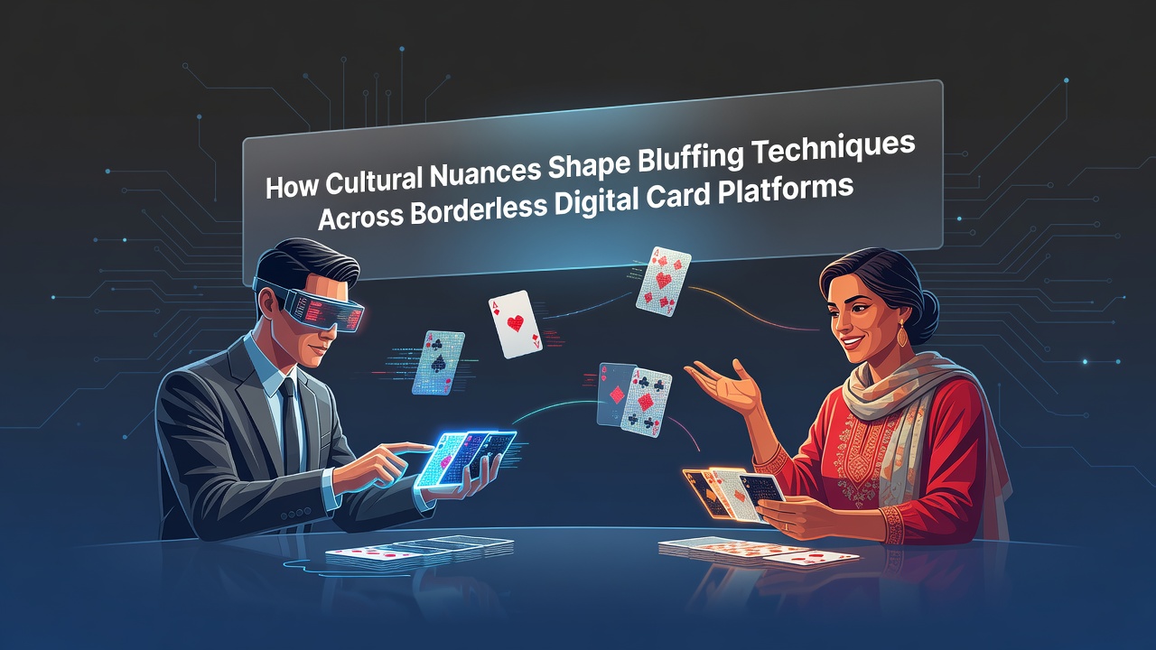 Illustration of diverse players from different cultural backgrounds engaging in online poker bluffing on a global digital platform