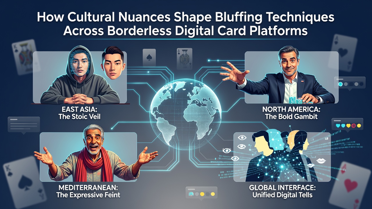 Global digital card table showing players adapting bluffing strategies across cultural lines