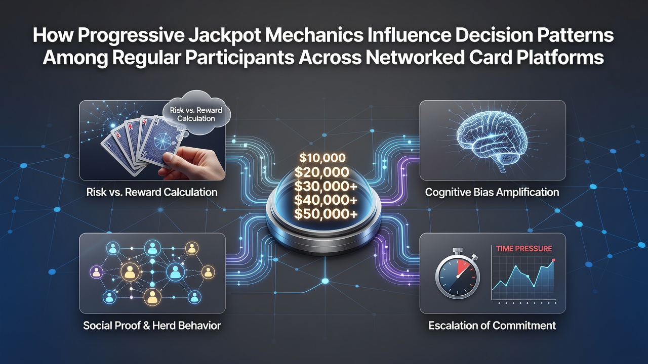 Networked card platform interface showing progressive jackpot meter and player decision panels