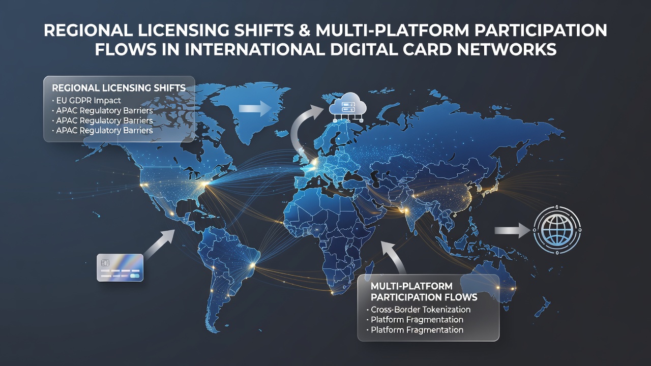 Digital card networks showing interconnected platforms across global regions with licensing indicators overlaid on a world map