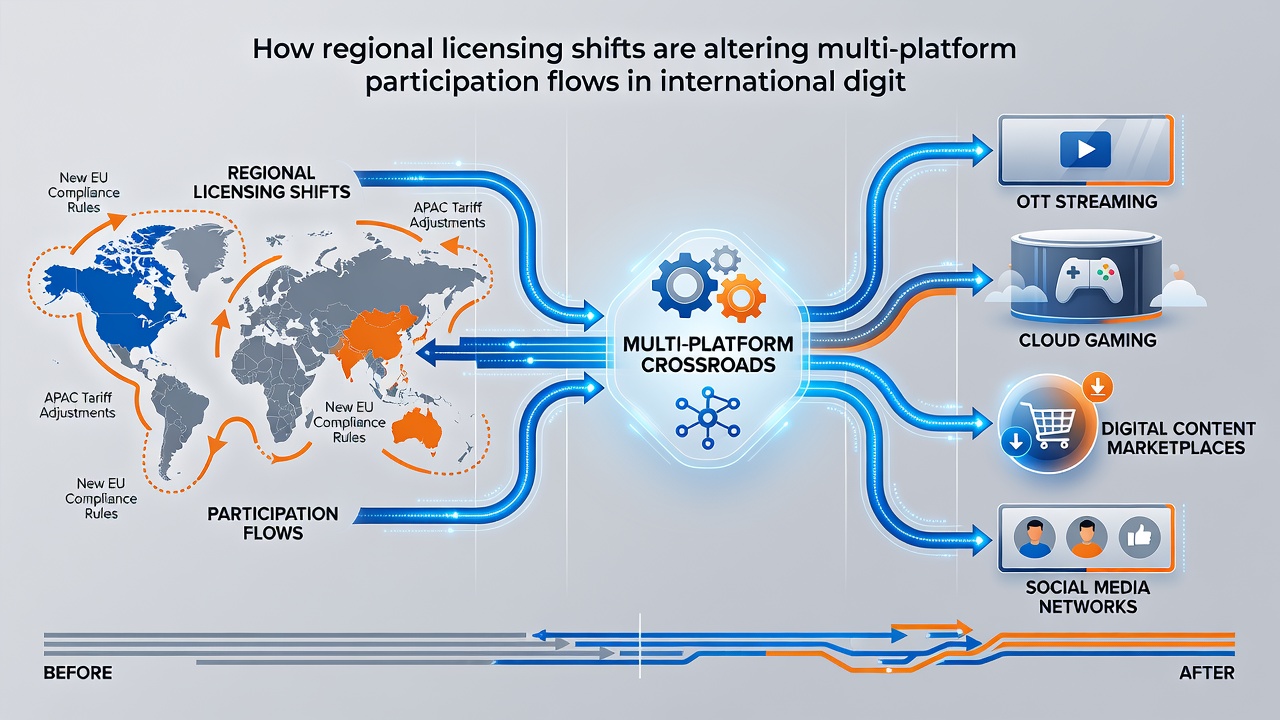 Infographic illustrating player flow between digital card platforms under different regional licensing rules with arrows showing participation shifts