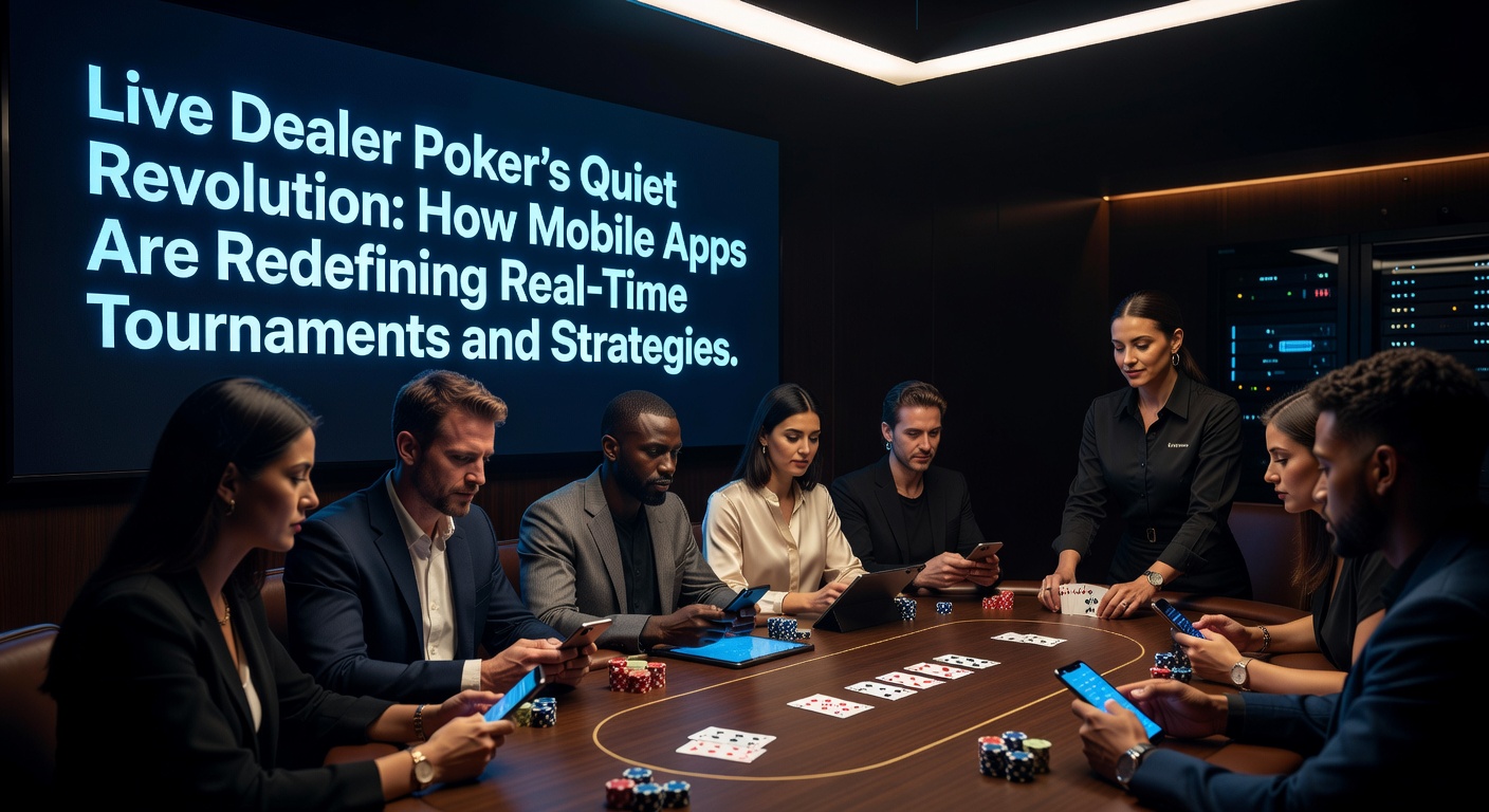 A mobile phone screen displaying a live dealer poker table with real-time cards being dealt and players' avatars in a tournament lobby