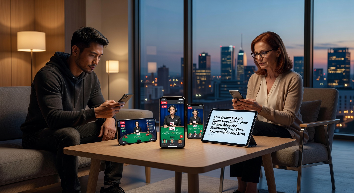 Players at a live dealer poker tournament on mobile devices, showing strategy charts, real-time chat, and dealer interaction on split screens