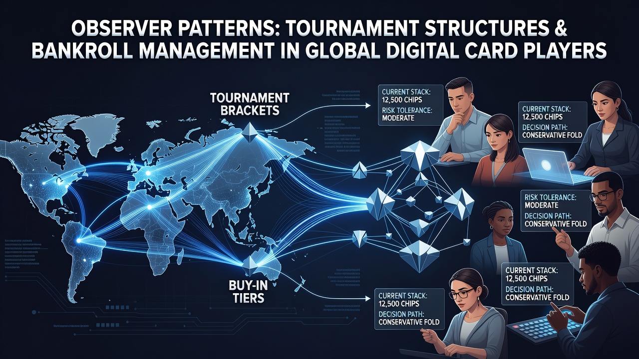 Digital card players reviewing tournament structures and bankroll strategies on global platforms