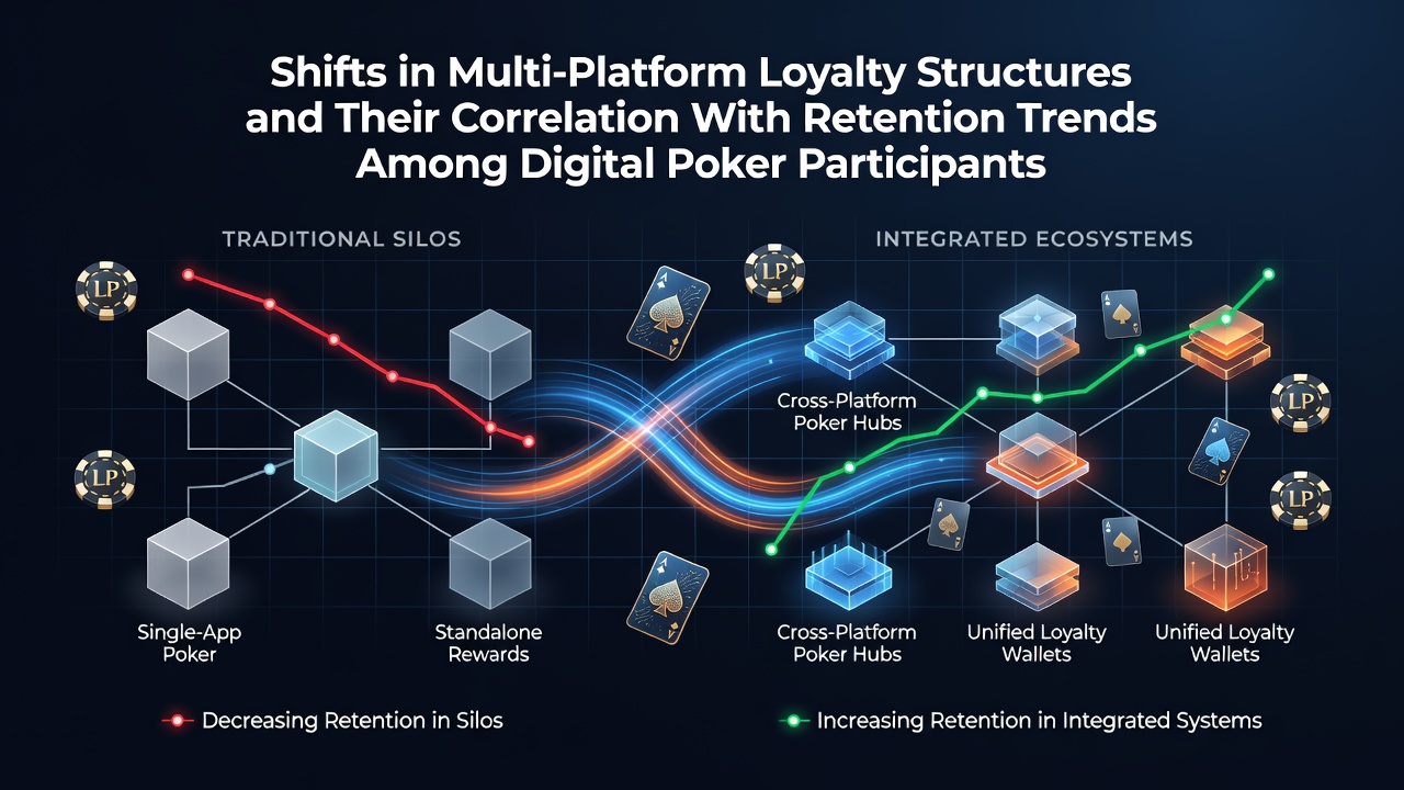 Illustration of digital poker players engaging across multiple platforms with loyalty program interfaces highlighted