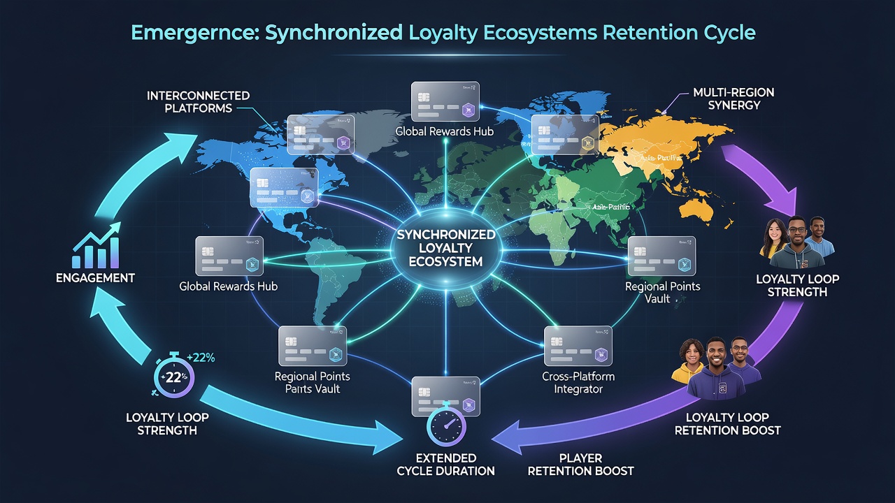 Interconnected digital card platforms displaying synchronized loyalty points and player dashboards across multiple regions