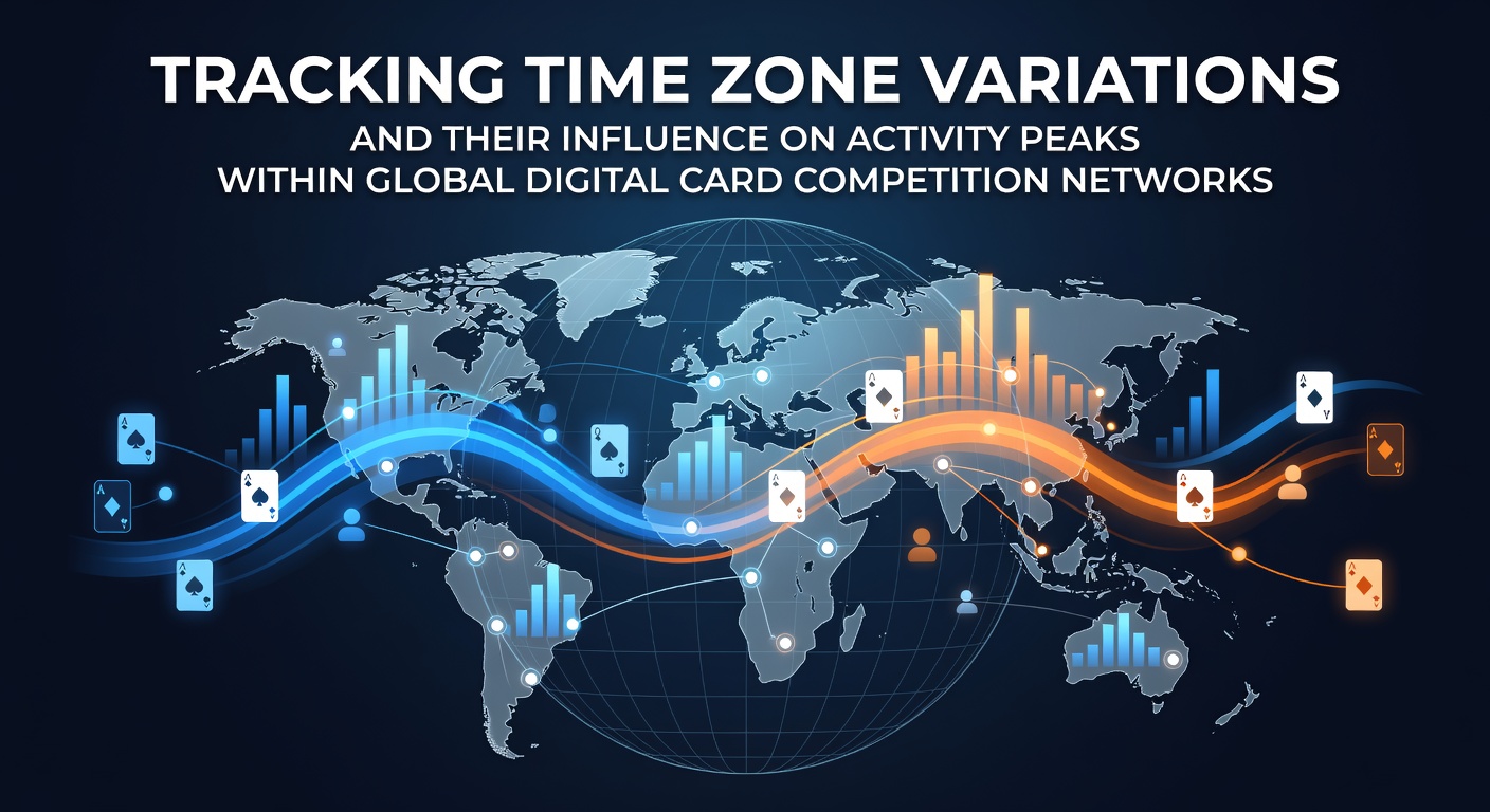 Global map overlay showing digital card competition activity peaks across major time zones including UTC, EST, CET, and JST with highlighted peak hours