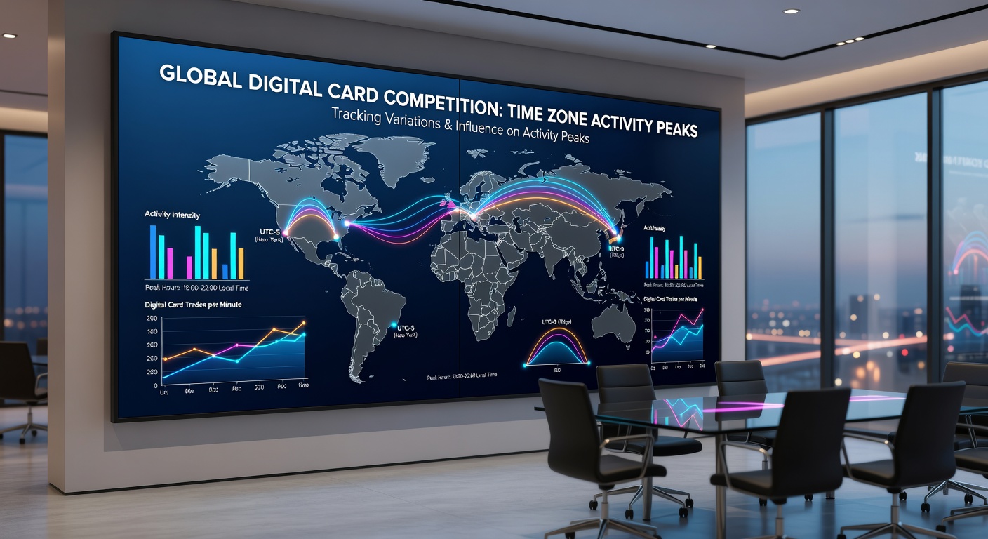 Analytics dashboard screenshot displaying hourly activity graphs for digital card competitions segmented by time zones with peak indicators
