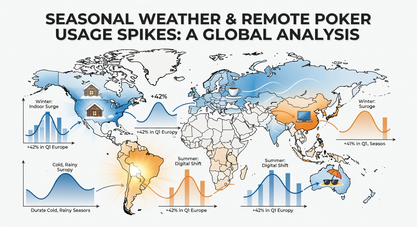 Global weather maps overlaid with poker platform activity graphs showing seasonal usage correlations across continents