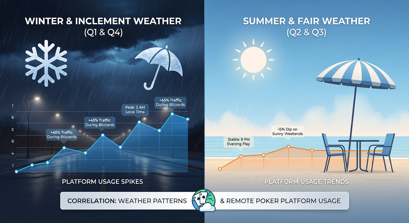 Detailed graphs comparing poker engagement rates with temperature and precipitation data from multiple continents in 2025-2026