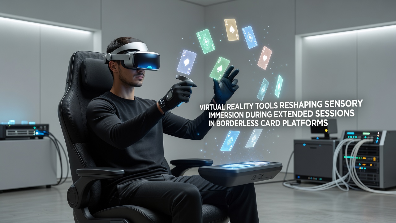 Virtual reality headset user engaged in an immersive digital card session with spatial audio and haptic feedback elements visible