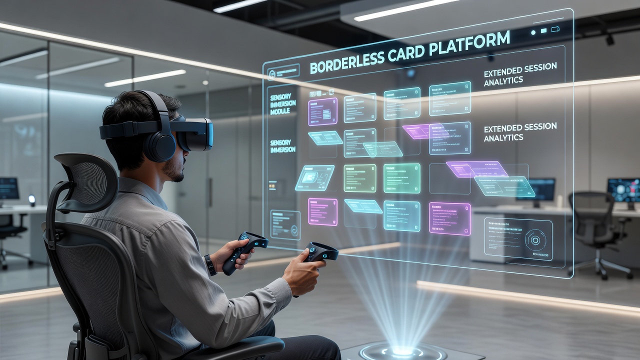 Close-up of haptic gloves and VR interface displaying a multi-player card table with real-time sensory overlays